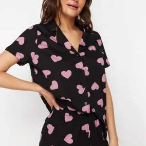 Zirve Kısa Kol Kadın Bebe Yaka Kalp Desenli Pijama Takımı