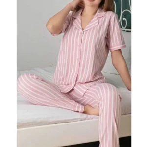 Zirve Kısa Kol Kadın Bebe Yaka Çizgili Pijama Takımı Pembe