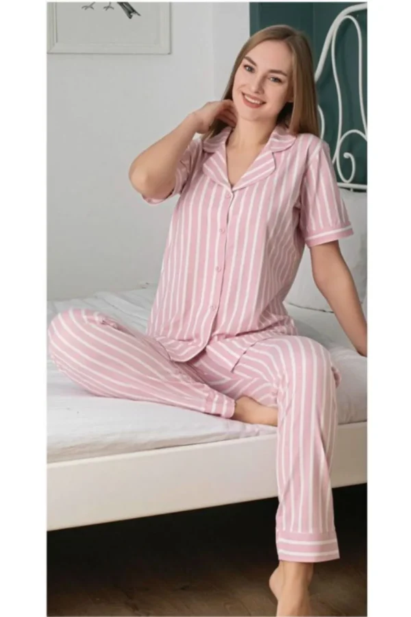 Zirve Kısa Kol Kadın Bebe Yaka Çizgili Pijama Takımı Pembe