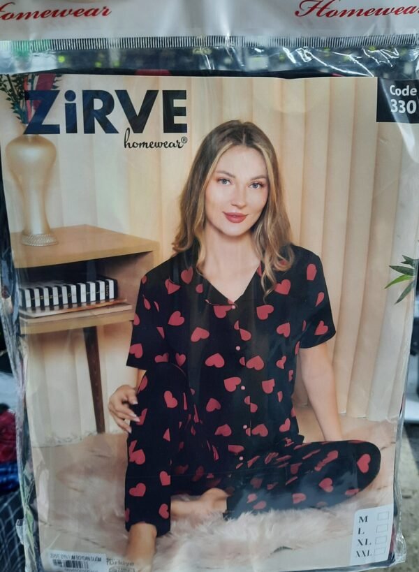 Zirve Kısa Kol Kadın Bebe Yaka Kalp Desenli Pijama Takımı - Görsel 4