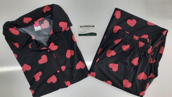 Zirve Kısa Kol Kadın Bebe Yaka Kalp Desenli Pijama Takımı - Görsel 3