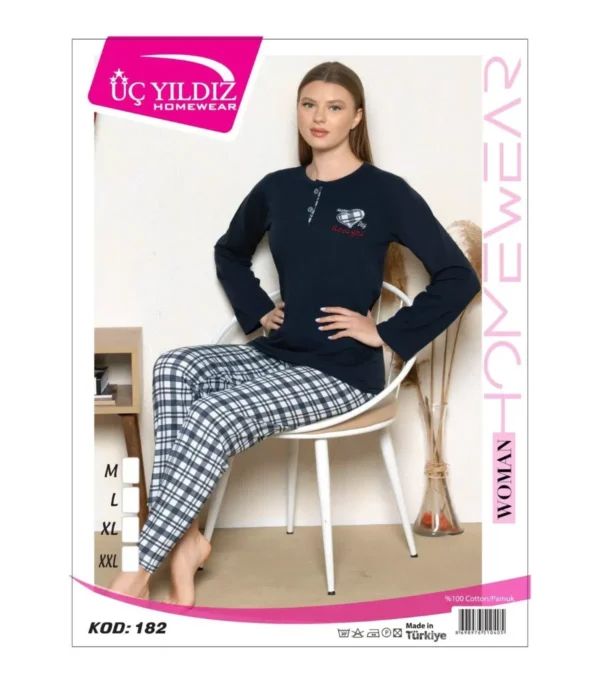 Üç Yıldız Uzun Kollu Kadın Pijama Takımı Lacivert