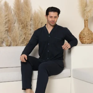 Üç Yıldız Uzun Kollu Boydan Düğmeli Erkek Pijama Takımı Lacivert