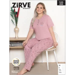 Zirve Geniş Kalıp Kısa Kollu Kadın Pijama Takımı Pudra